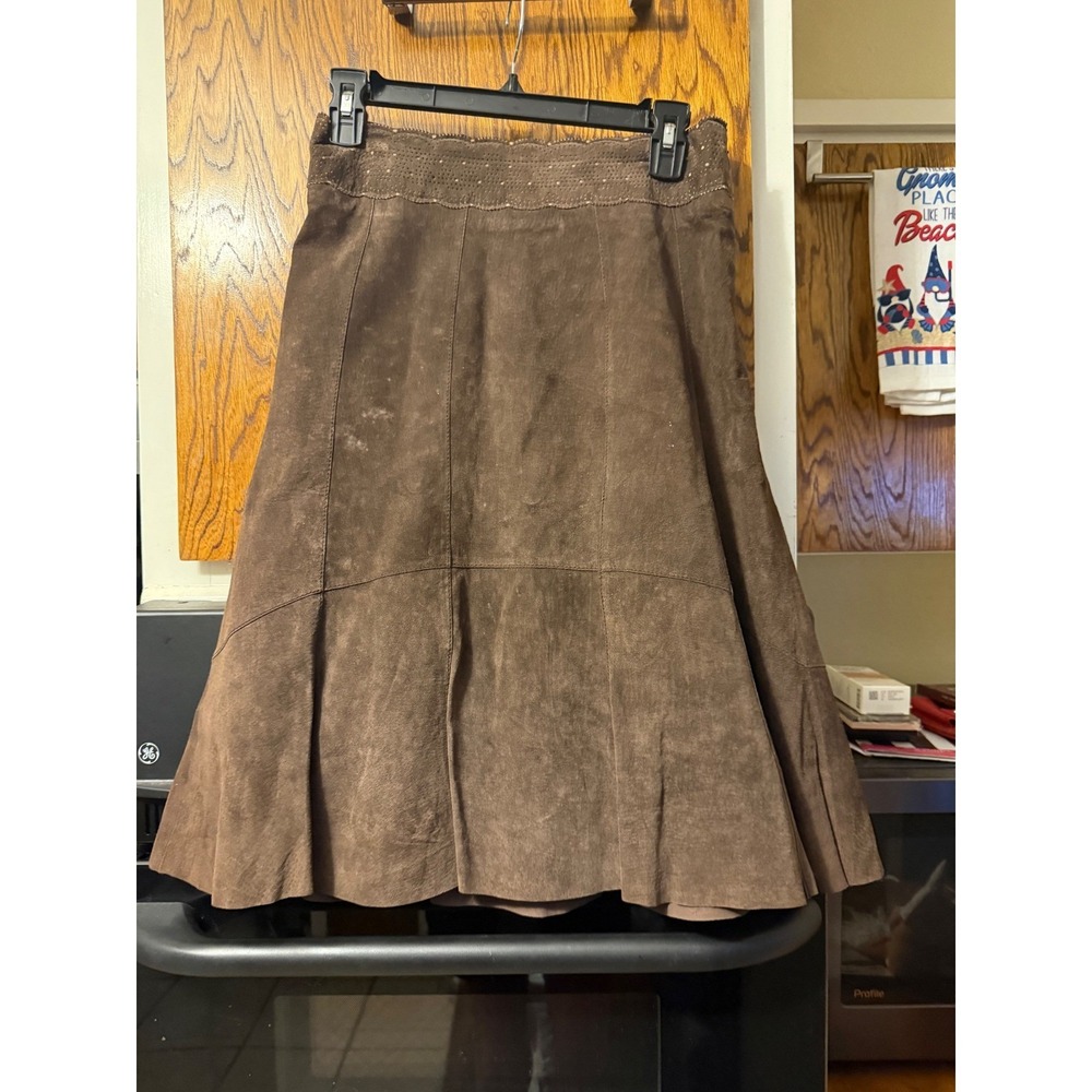 Cabi Brown Suede Leather Midi Skirt Perforated A-Line Flare Style 380 Size 2